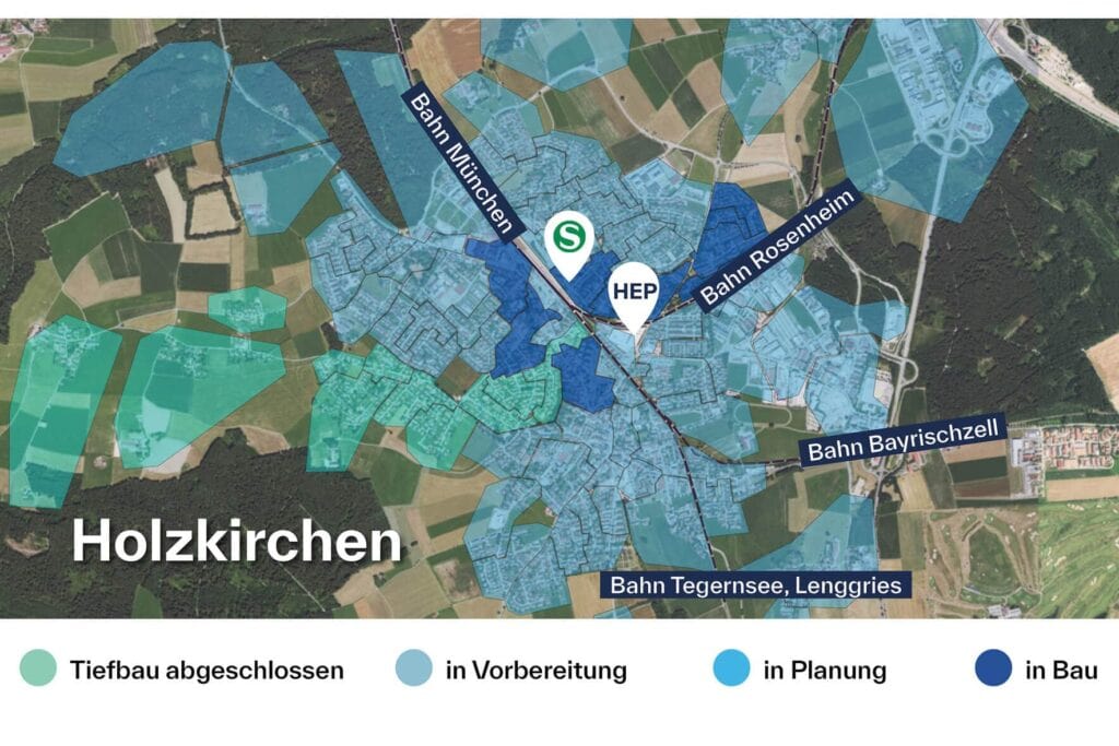Die Grafik stellt den Ausbaustatus des Glasfaserausbaus in Holzkirchen dar. Stand ist hier Mai 2025