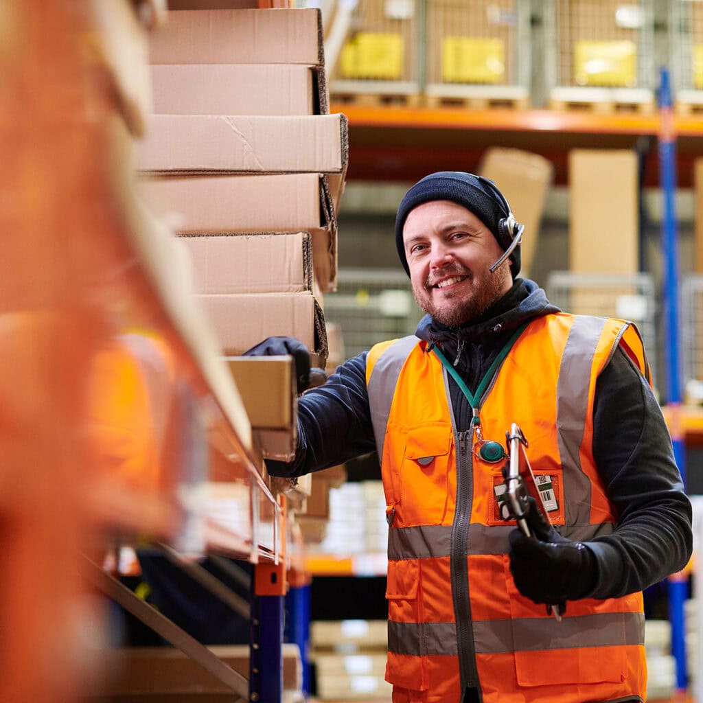 Logistikmitarbeiter in einem großen Lager mit Headset über seiner Mütze gezogen und einem Tablet unter dem Arm, lächelt in die Kamera.