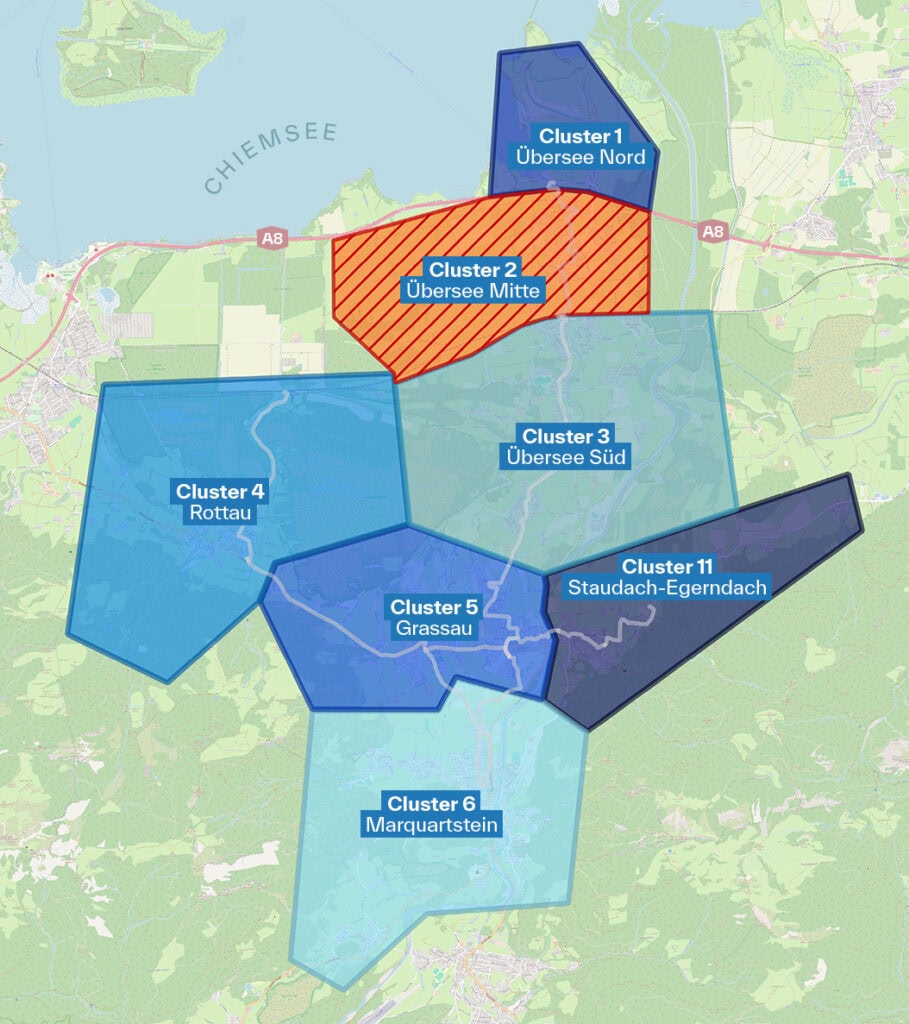 Glasfaserausbau Achental, Karte in Clustern und Ausbaustatus für 2026 gegliedert.