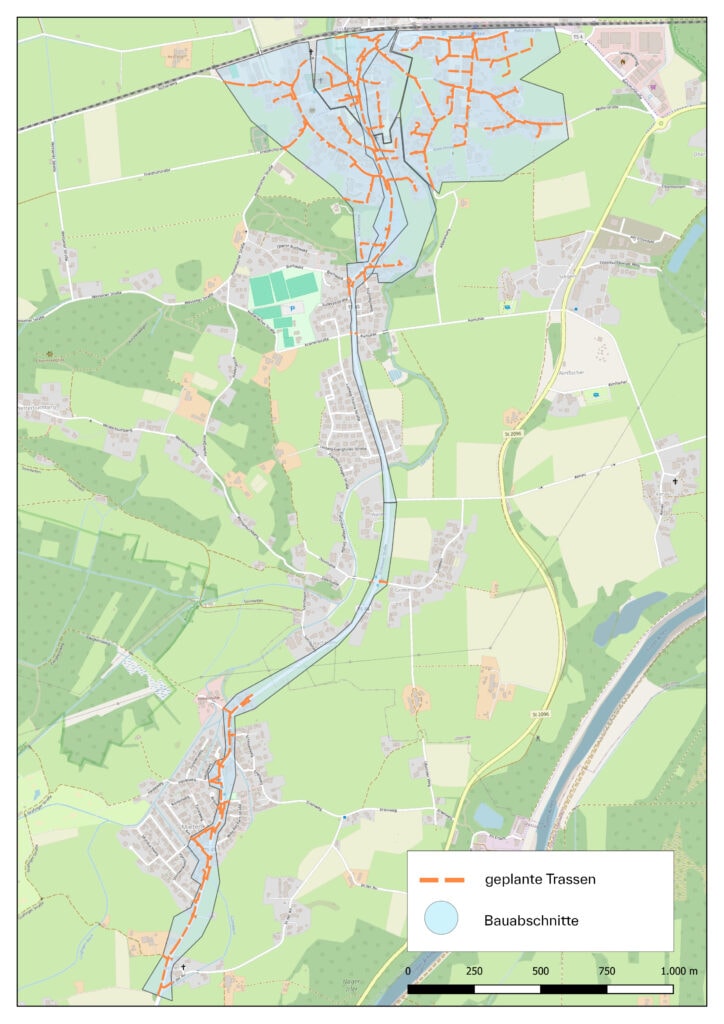 Karte Übersee im Chiemgau Bauabschnitte (blau markiert) und Trassen (orangene Linien)
