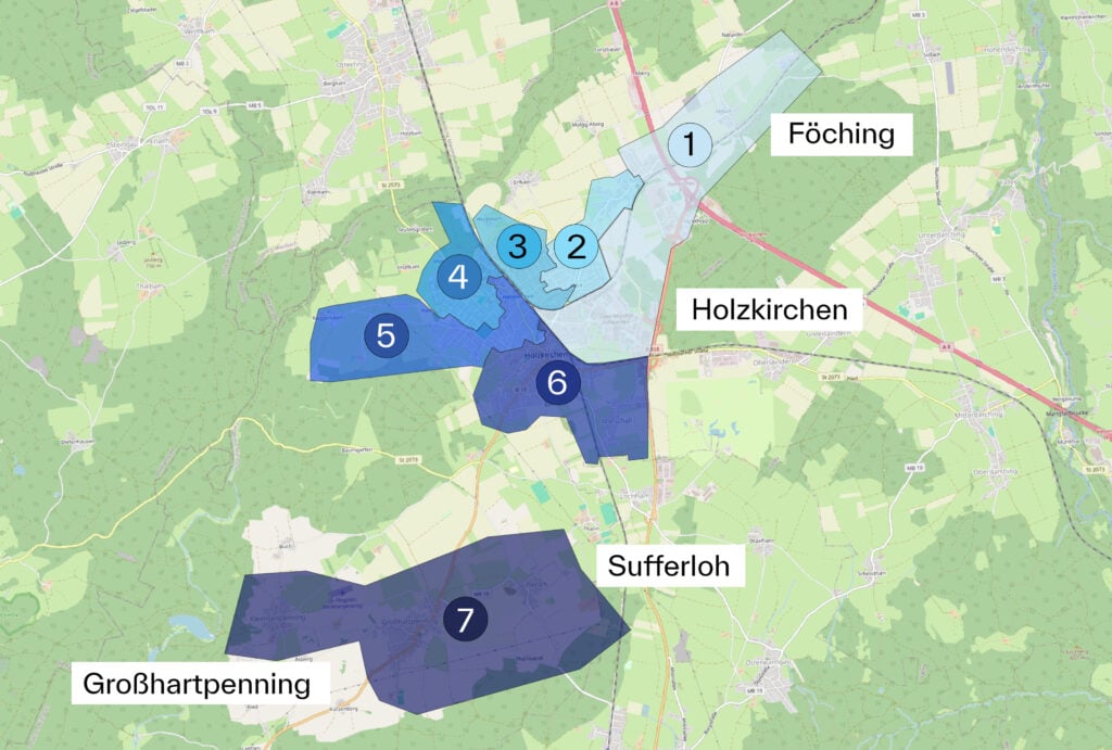 Übersichtskarte Holzkirchen mit Sufferloh; Großhartpenning und Föching, dargestellt werden sieben Bauabschnitte des Glasfaserausbaus durch die AVACOMM.